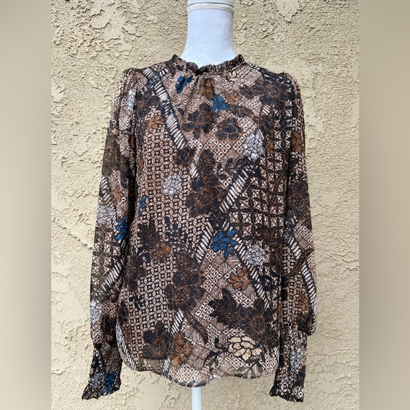 JOIE Long Sleeve Brown Floral and Metallic Blouse - Picture 6 of 13